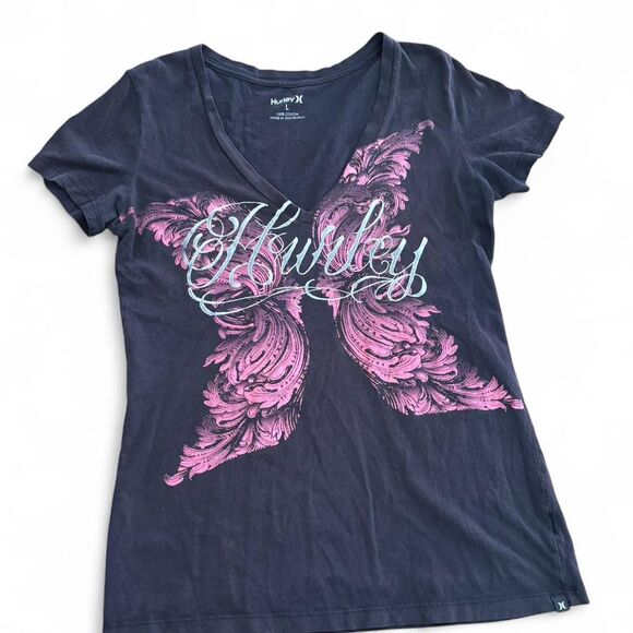 Y2k Hurley V Neck Shirt With Cyber Butterfly Design - Picture 1 of 5